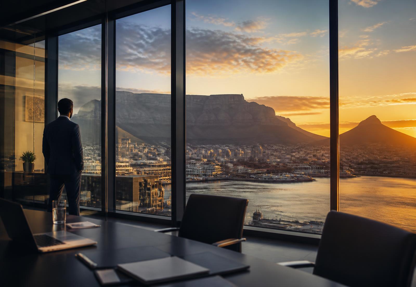 Cape Town skyline seen from a modern accounting office at dusk